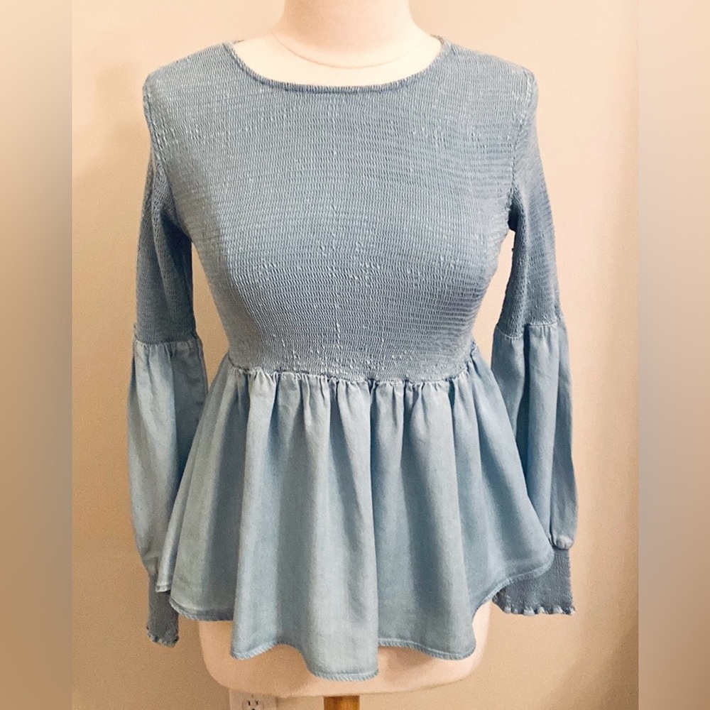 Given Kale Chambray Denim Light Blue S Indie Folk Boho Romantic Smocked Babydoll